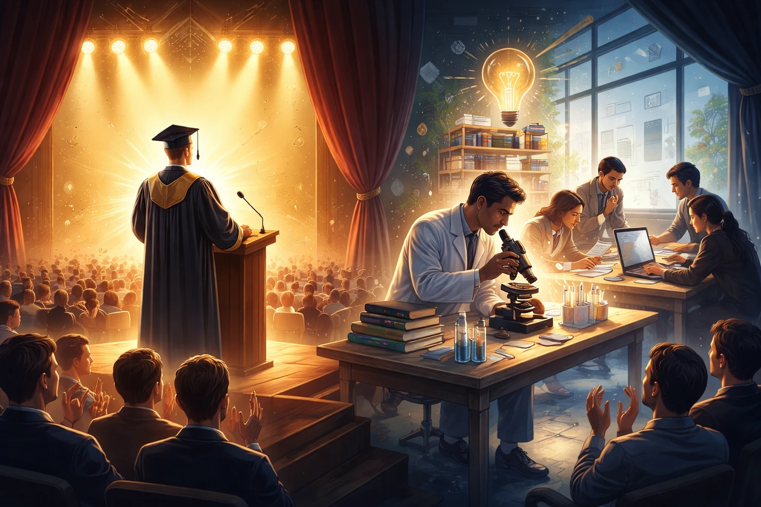 Kontras dunia akademik: di satu sisi seremoni megah dengan tepuk tangan dan cahaya panggung, di sisi lain kerja sunyi para ilmuwan di ruang riset—sebuah pengingat bahwa kemajuan ilmu lahir dari dialog kritis, penelitian mendalam, dan keberanian berpikir, bukan dari ritual simbolik semata.